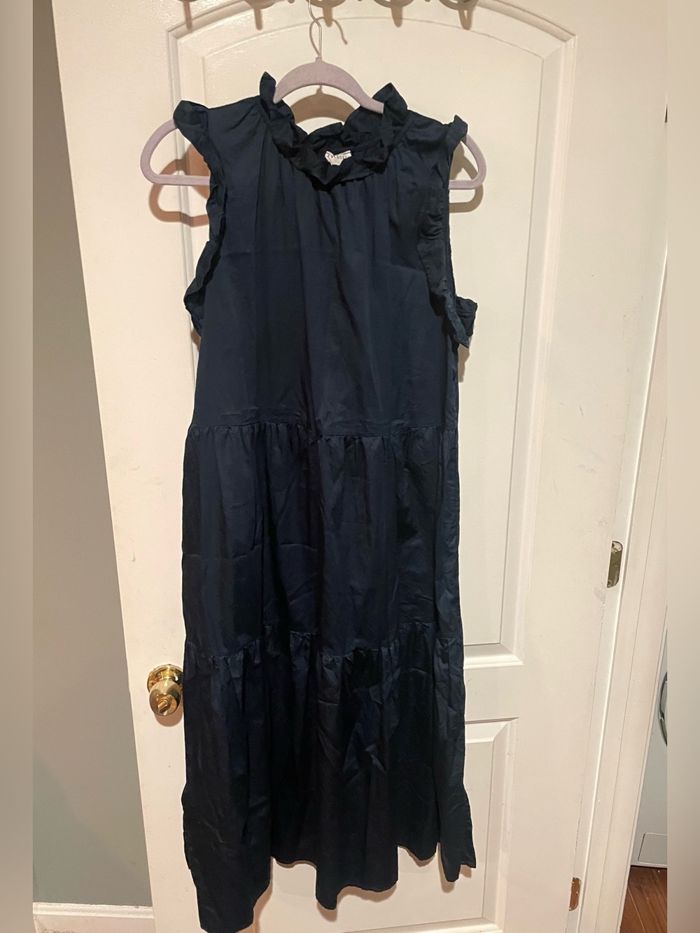 New! Felicite Cotton Ruffle Tiered Sleeveless Navy Midi Dress 💙 Large - Picture 3 of 8